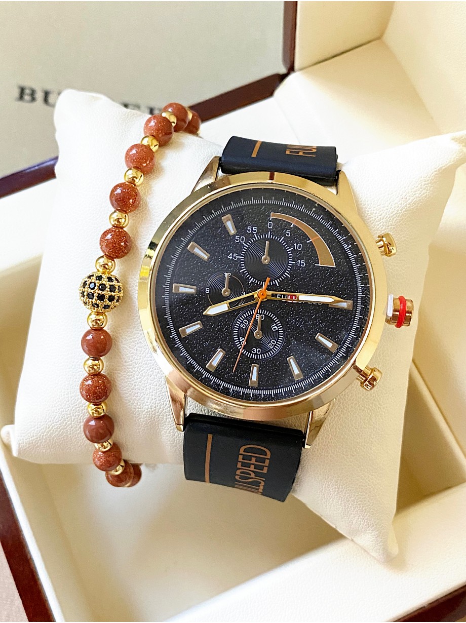 Ceas barbat negru cu bratara din piele ecologica si cadran cu auriu