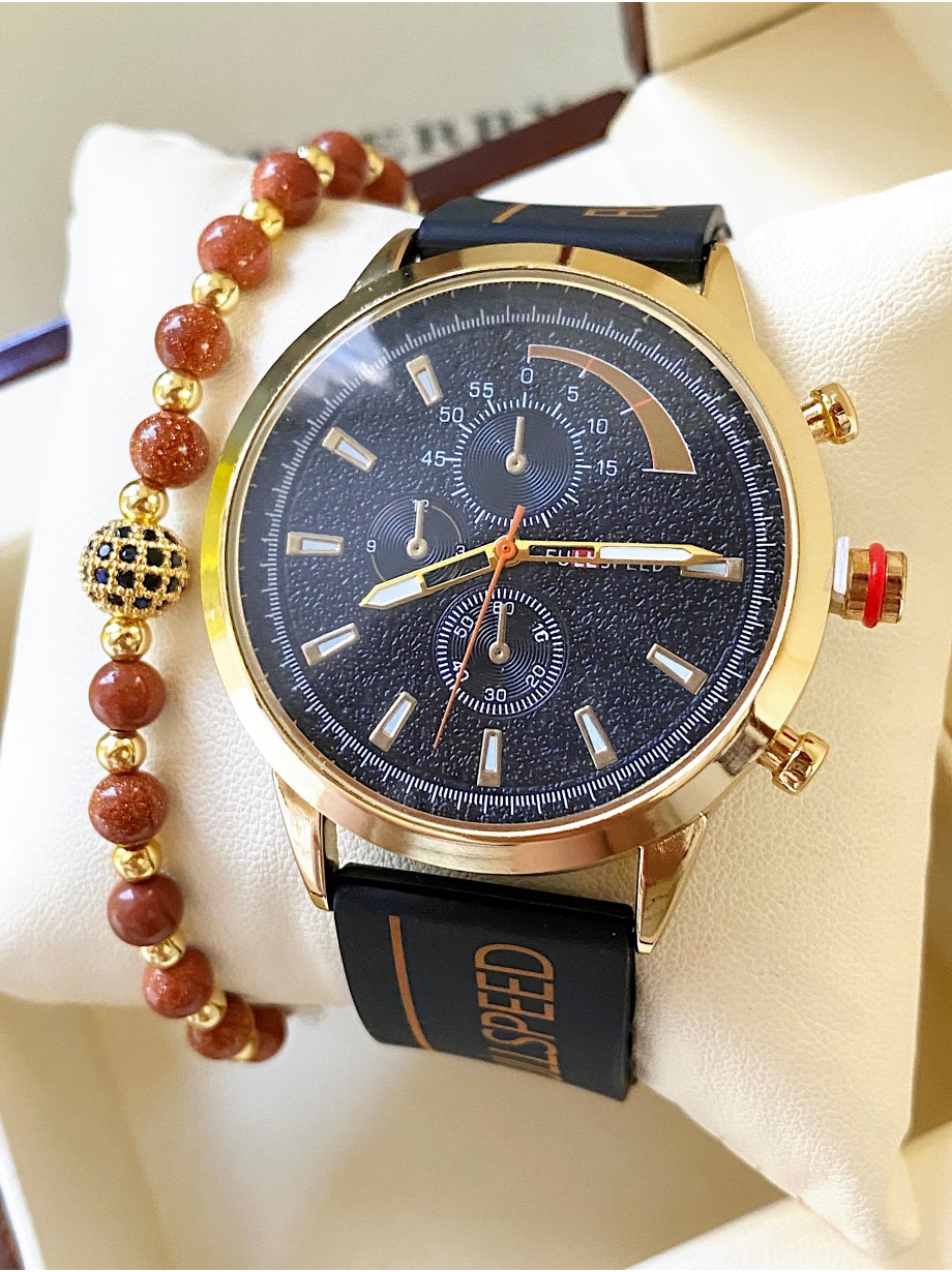 Ceas barbat negru cu bratara din piele ecologica si cadran cu auriu