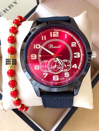 Ceas barbat negru cu bratara din piele ecologica si cadran rosu