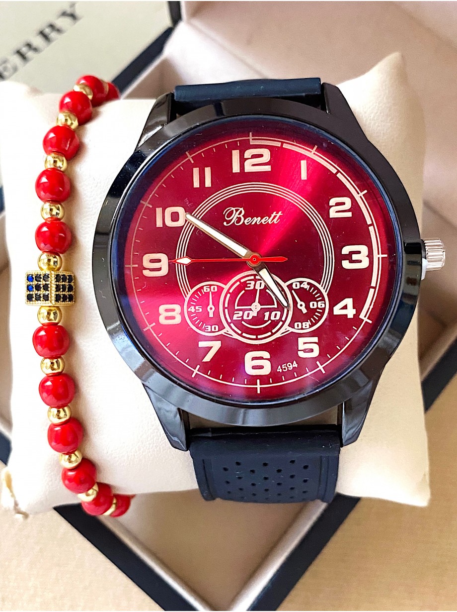 Ceas barbat negru cu bratara din piele ecologica si cadran rosu