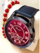 Ceas barbat negru cu bratara din piele ecologica si cadran rosu