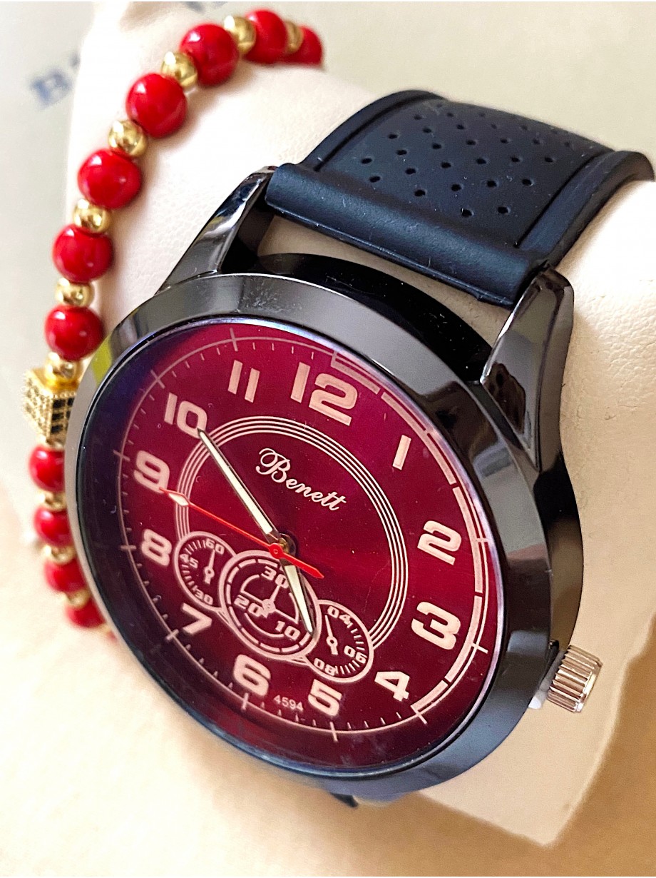 Ceas barbat negru cu bratara din piele ecologica si cadran rosu