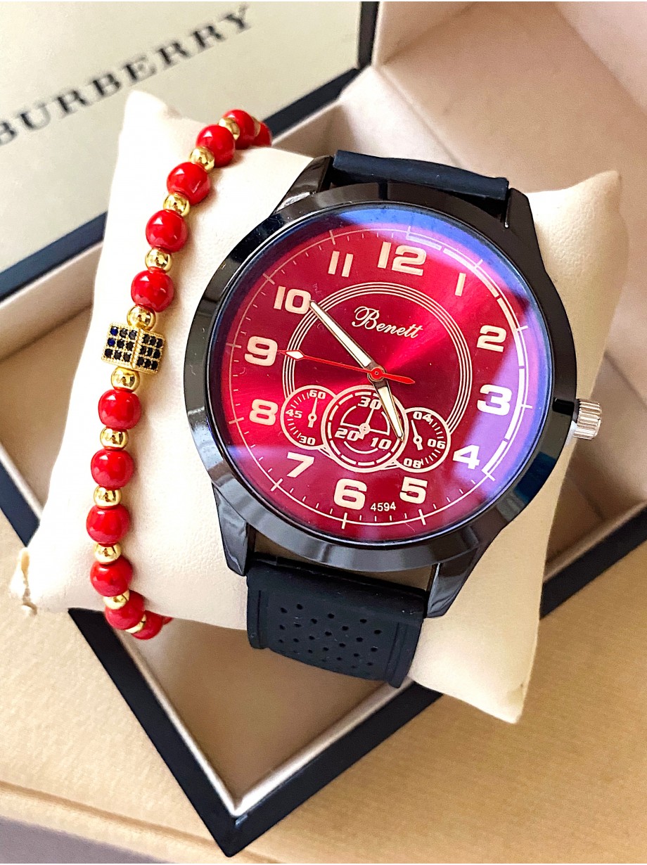 Ceas barbat negru cu bratara din piele ecologica si cadran rosu