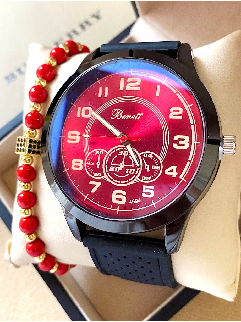 Ceas barbat negru cu bratara din piele ecologica si cadran rosu