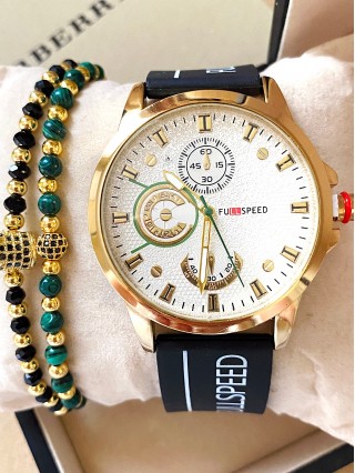 Ceas barbat negru cu bratara din piele ecologica si cadran alb