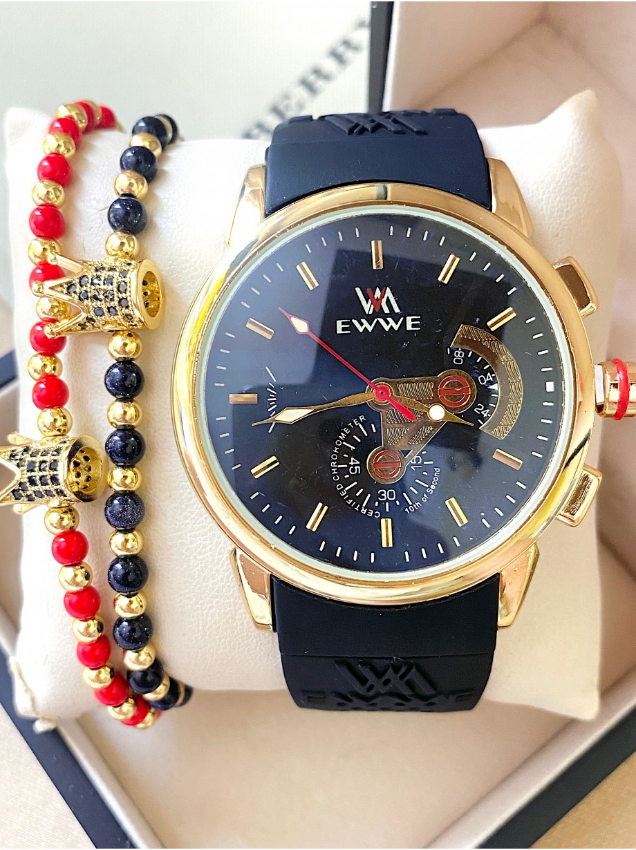 Ceas barbat negru cu bratara din piele ecologica si cadran negru