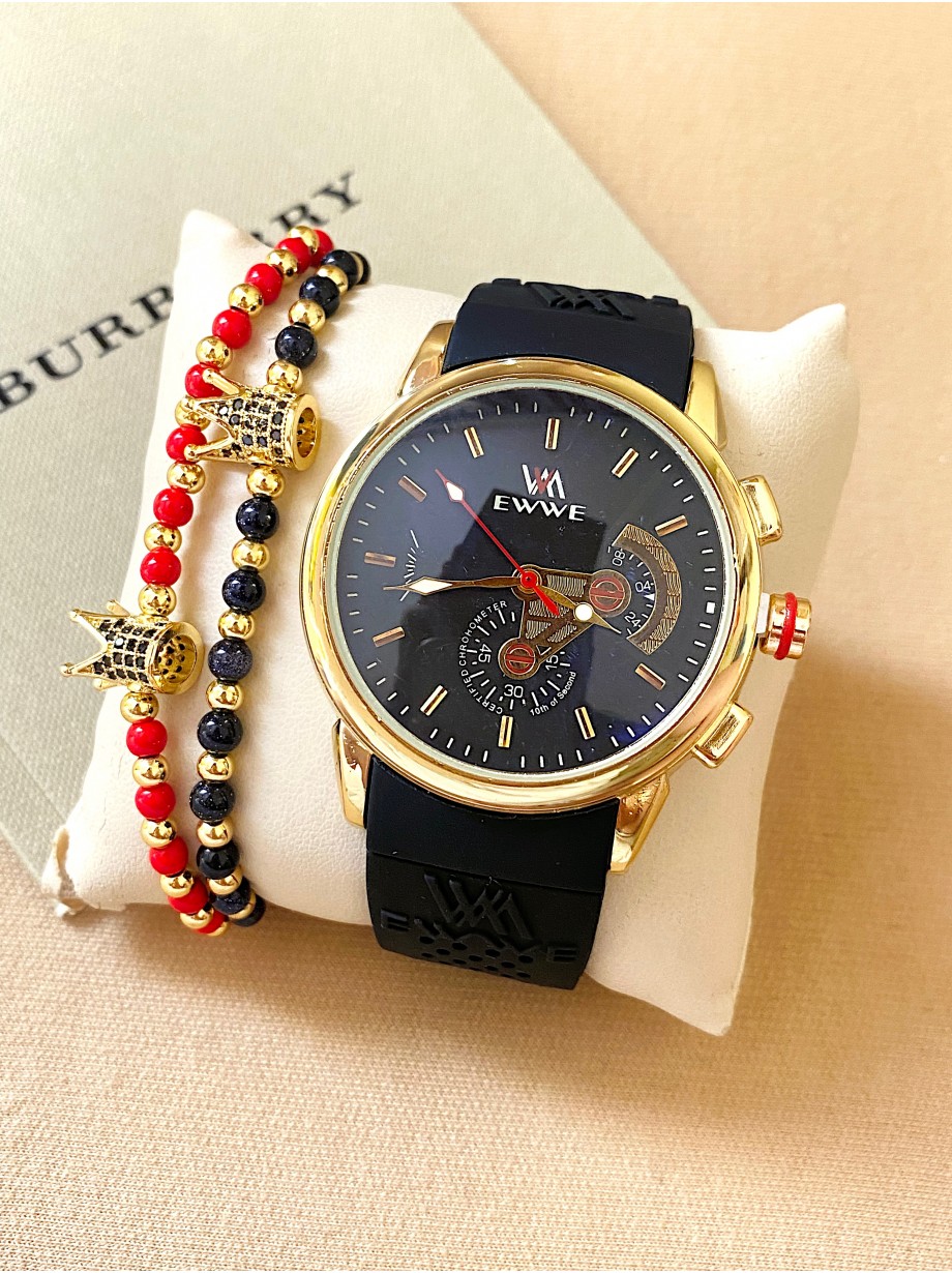 Ceas barbat negru cu bratara din piele ecologica si cadran negru