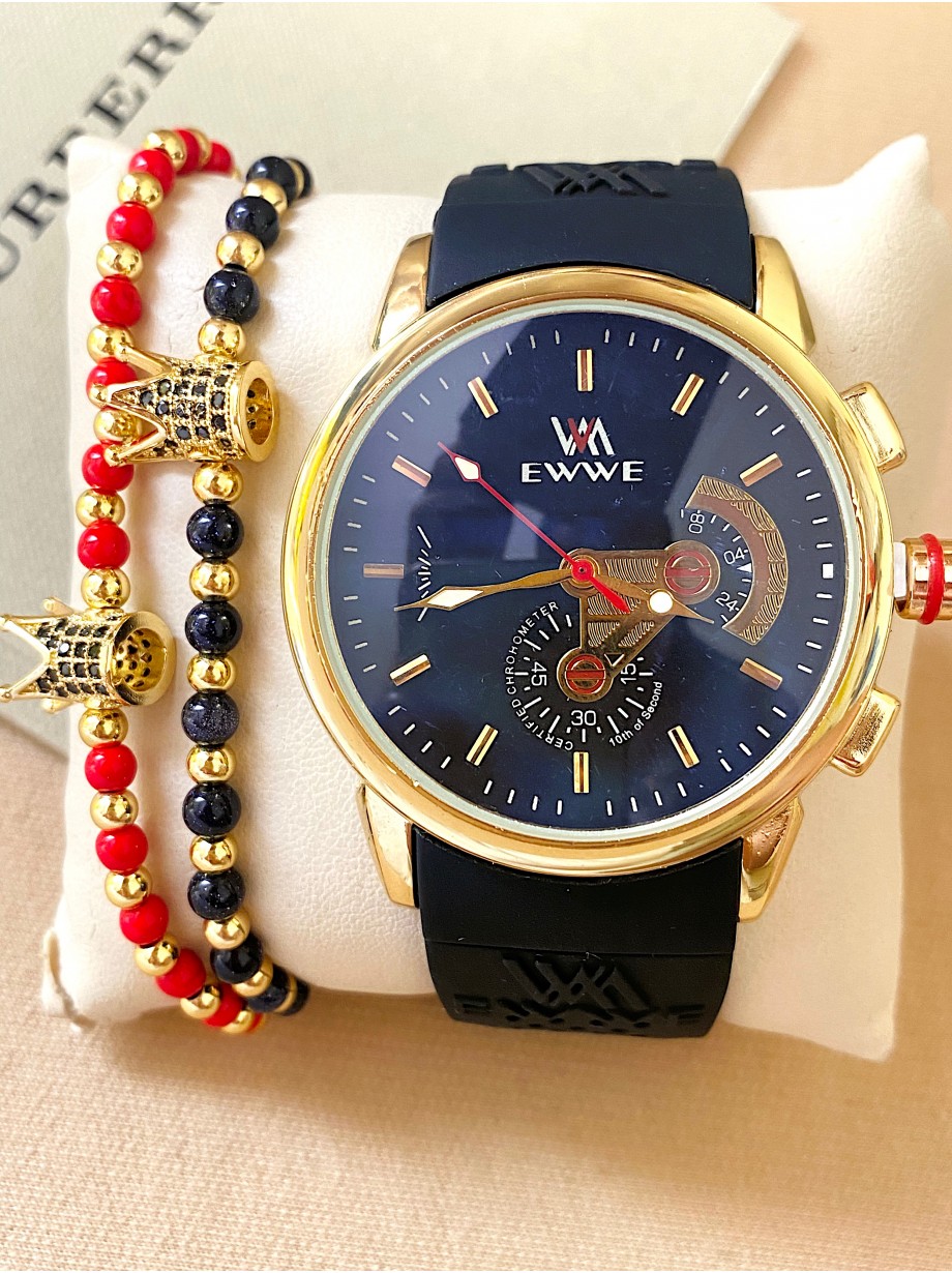 Ceas barbat negru cu bratara din piele ecologica si cadran negru