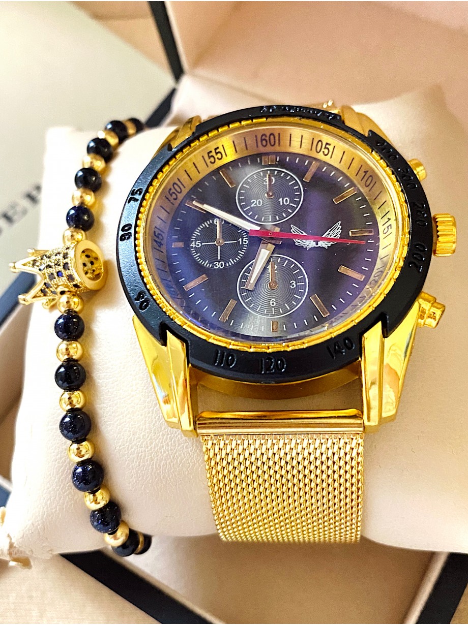 Ceas barbati auriu cu bratara metalica si cadran albastru