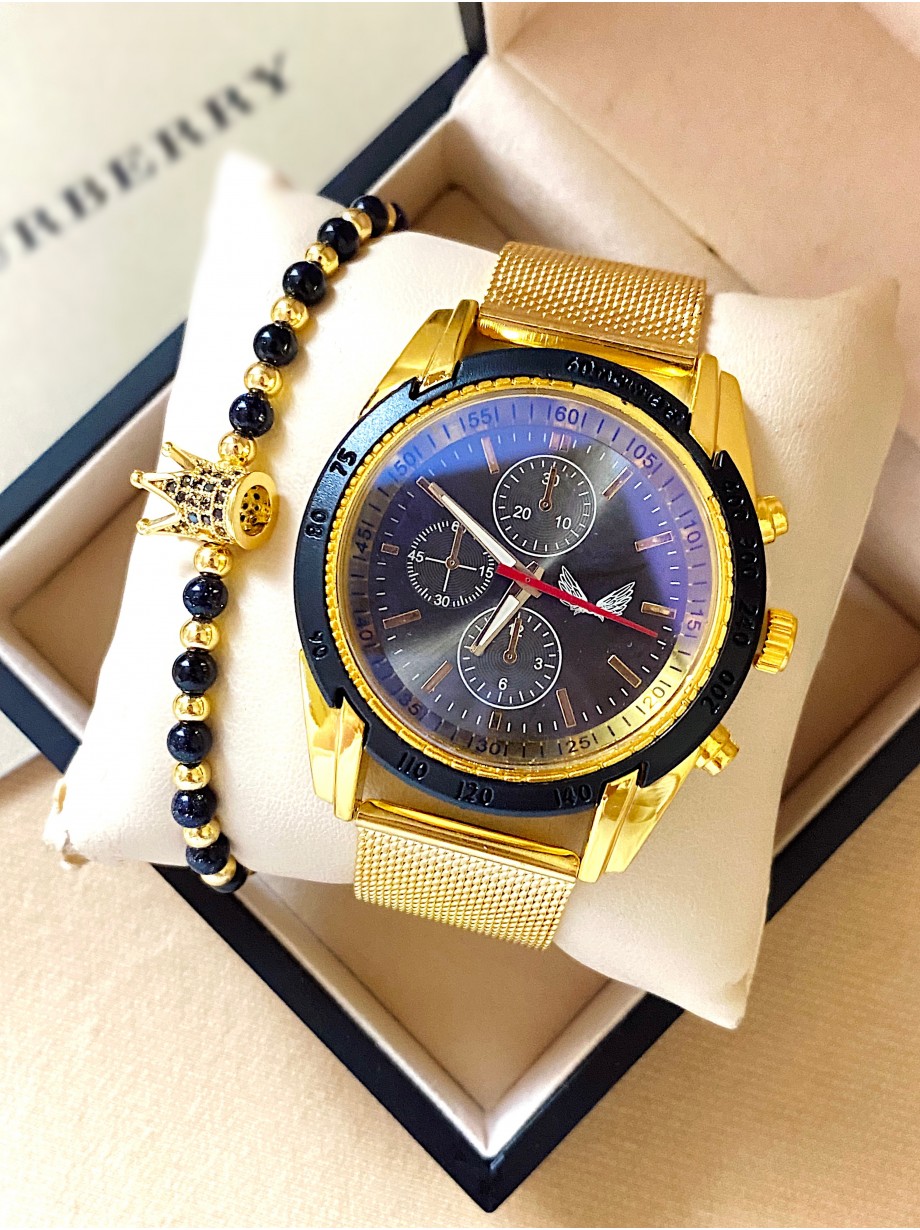 Ceas barbati auriu cu bratara metalica si cadran albastru