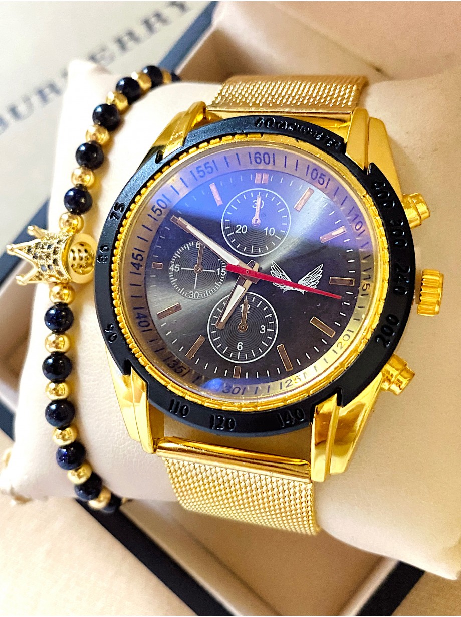 Ceas barbati auriu cu bratara metalica si cadran albastru