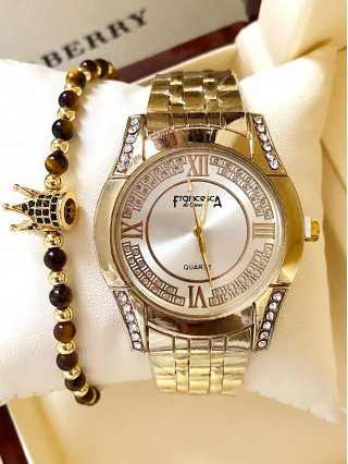 Ceas dama auriu cu bratara metalica si cadran auriu cu pietricele