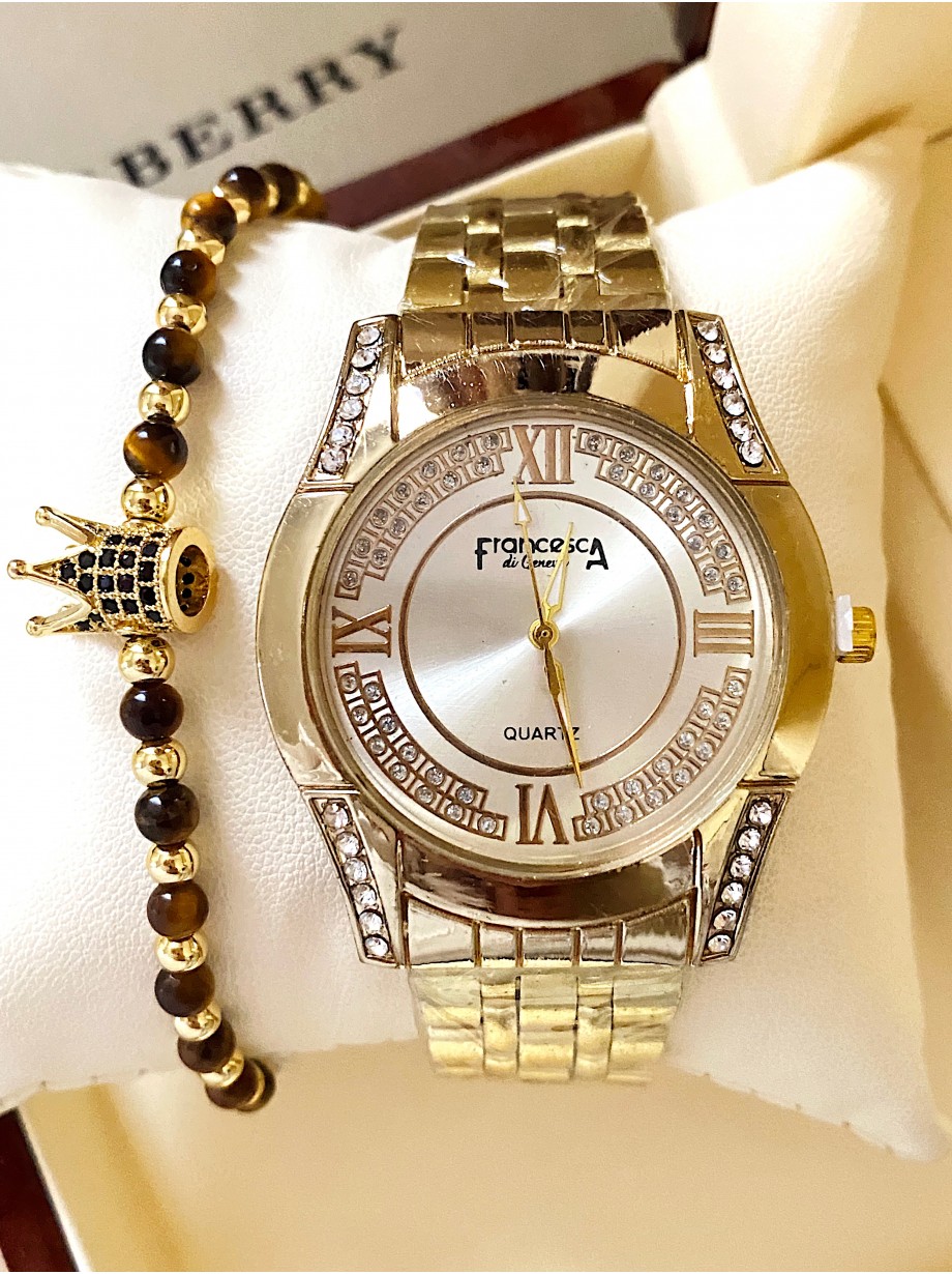 Ceas dama auriu cu bratara metalica si cadran auriu cu pietricele