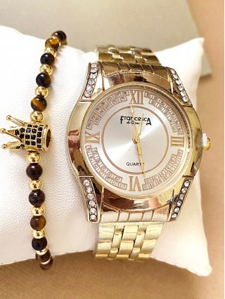 Ceas dama auriu cu bratara metalica si cadran auriu cu pietricele