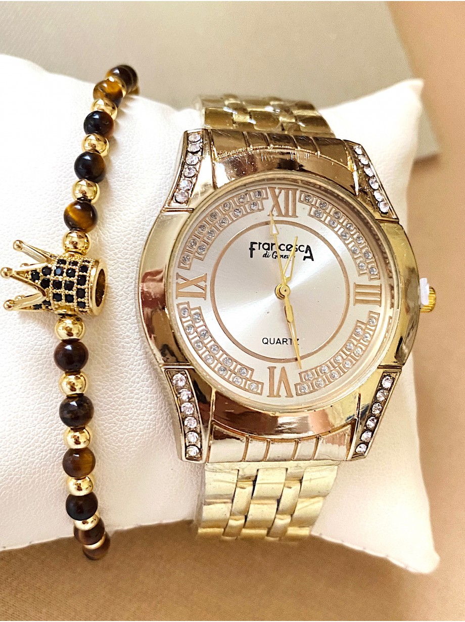 Ceas dama auriu cu bratara metalica si cadran auriu cu pietricele