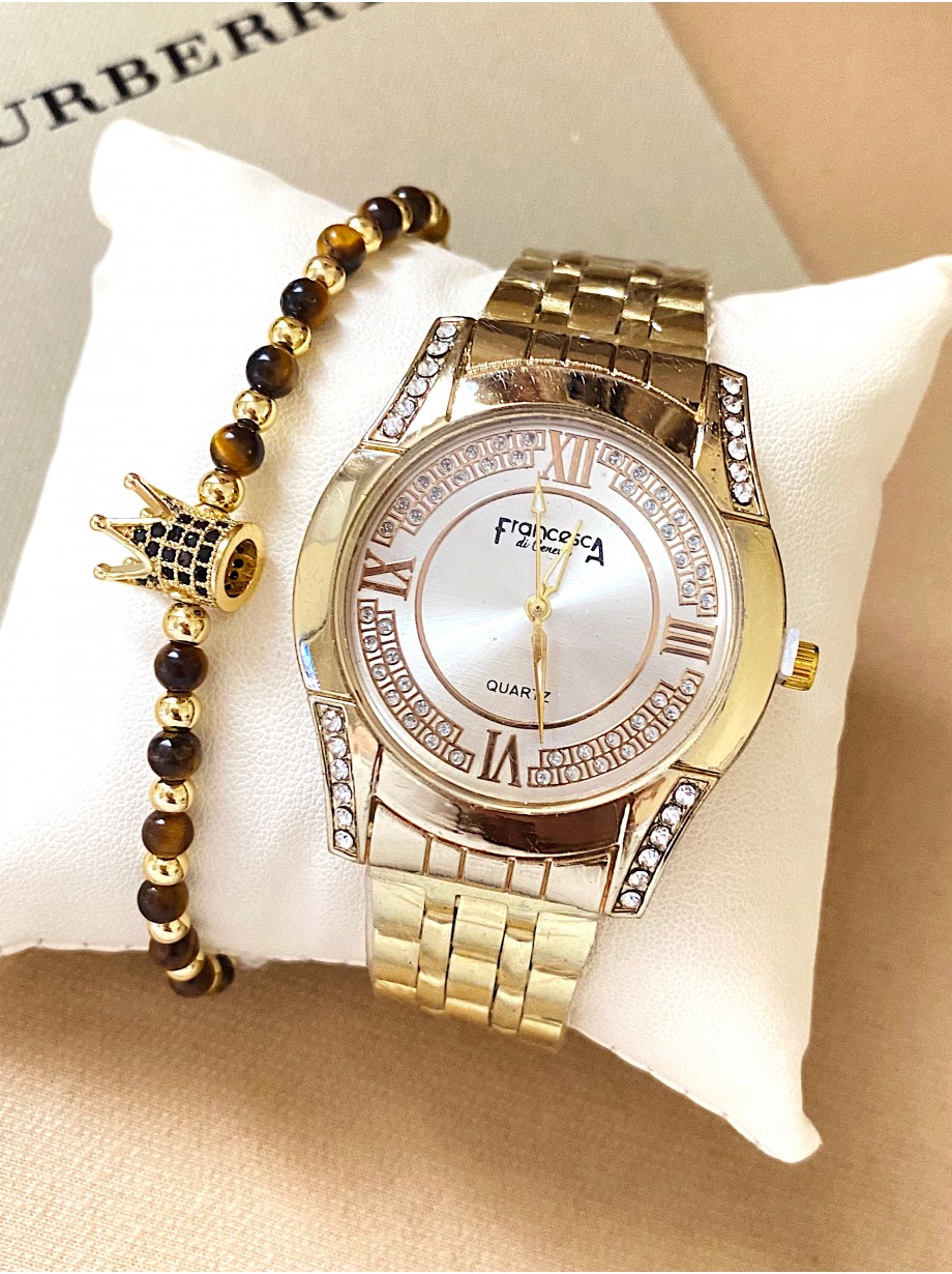 Ceas dama auriu cu bratara metalica si cadran auriu cu pietricele