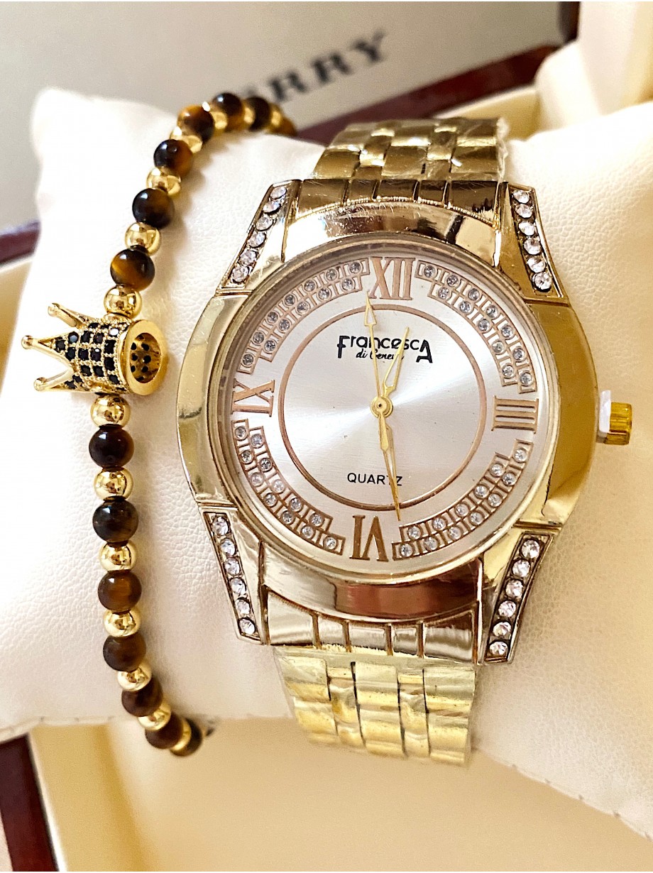 Ceas dama auriu cu bratara metalica si cadran auriu cu pietricele