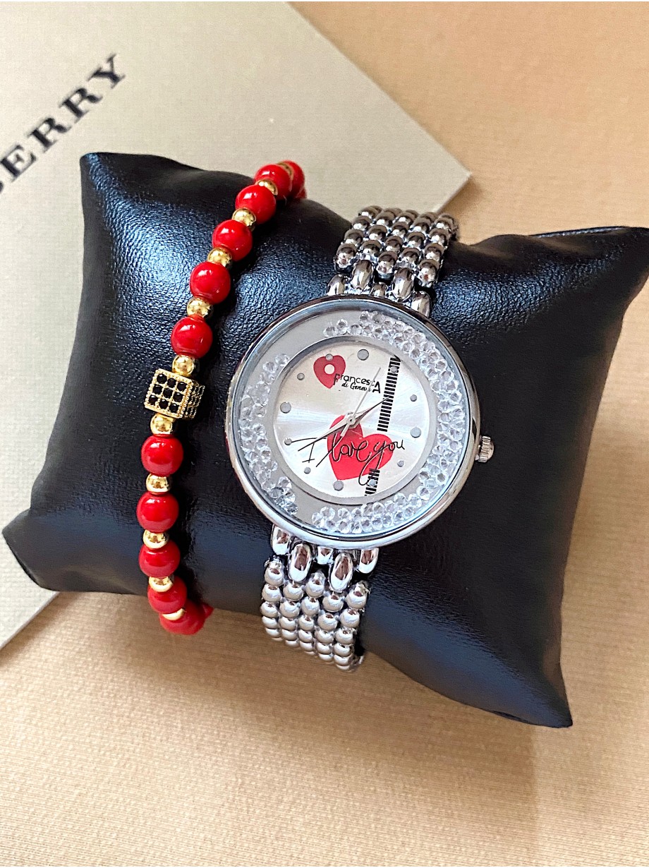 Ceas dama argintiu cu bratara metalica si cadran cu inimioara rosie