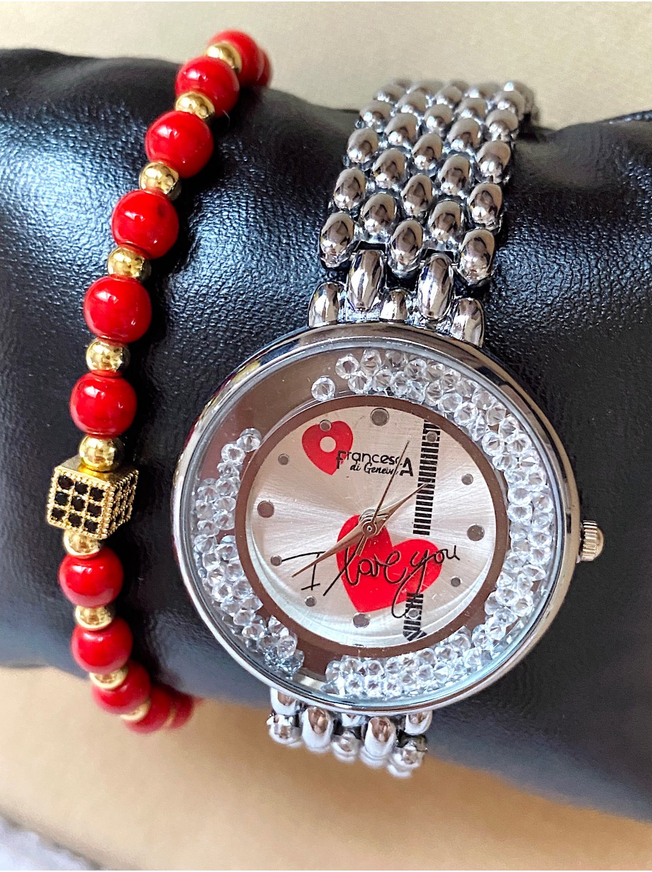 Ceas dama argintiu cu bratara metalica si cadran cu inimioara rosie