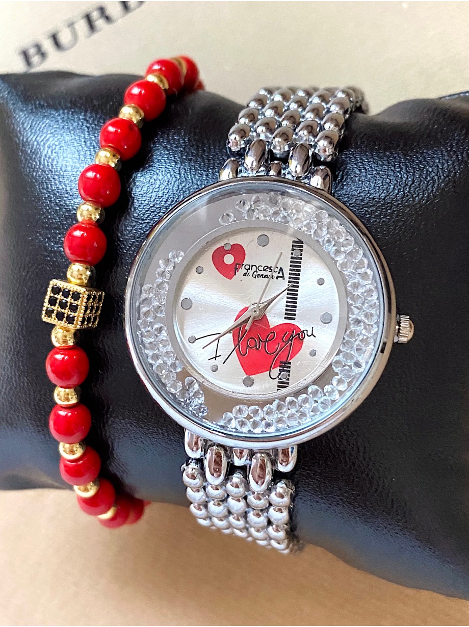Ceas dama argintiu cu bratara metalica si cadran cu inimioara rosie