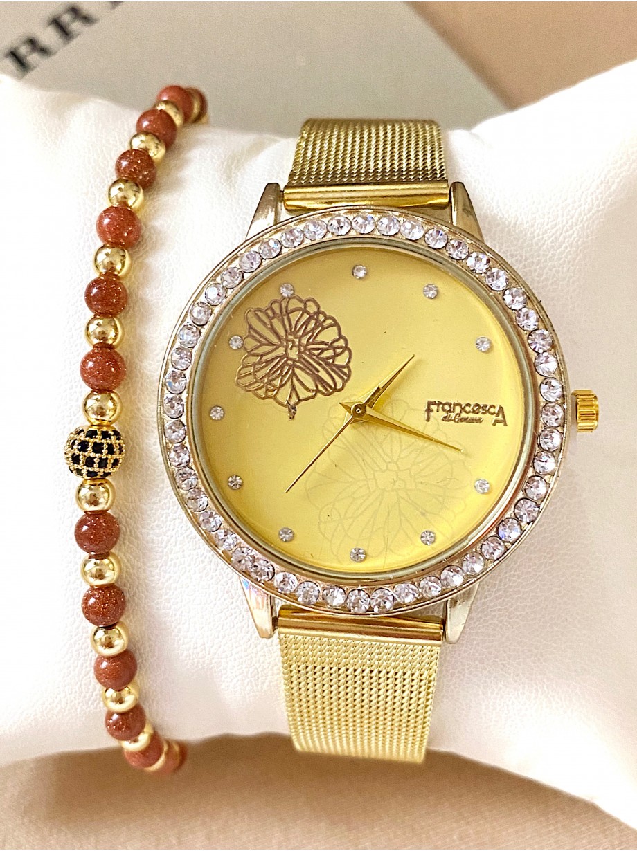 Ceas dama auriu cu bratara metalica si cadran cu floare