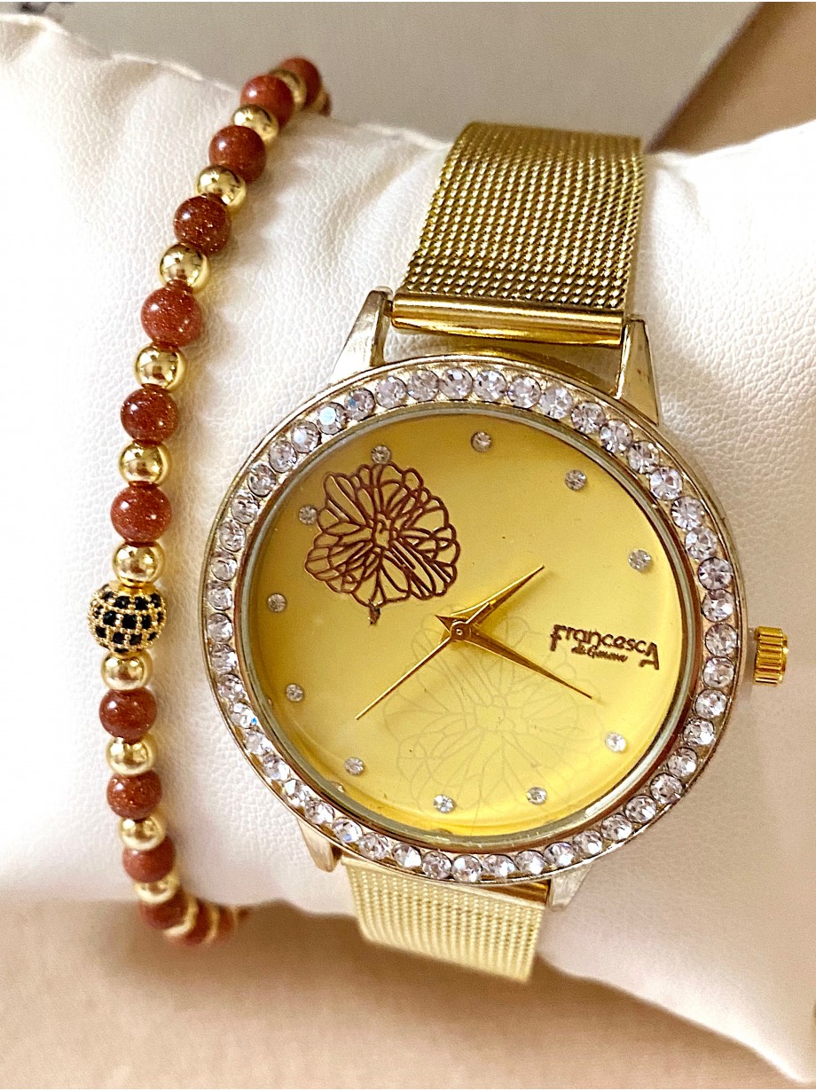 Ceas dama auriu cu bratara metalica si cadran cu floare