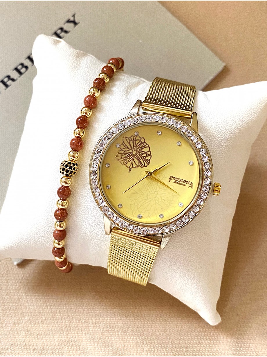 Ceas dama auriu cu bratara metalica si cadran cu floare