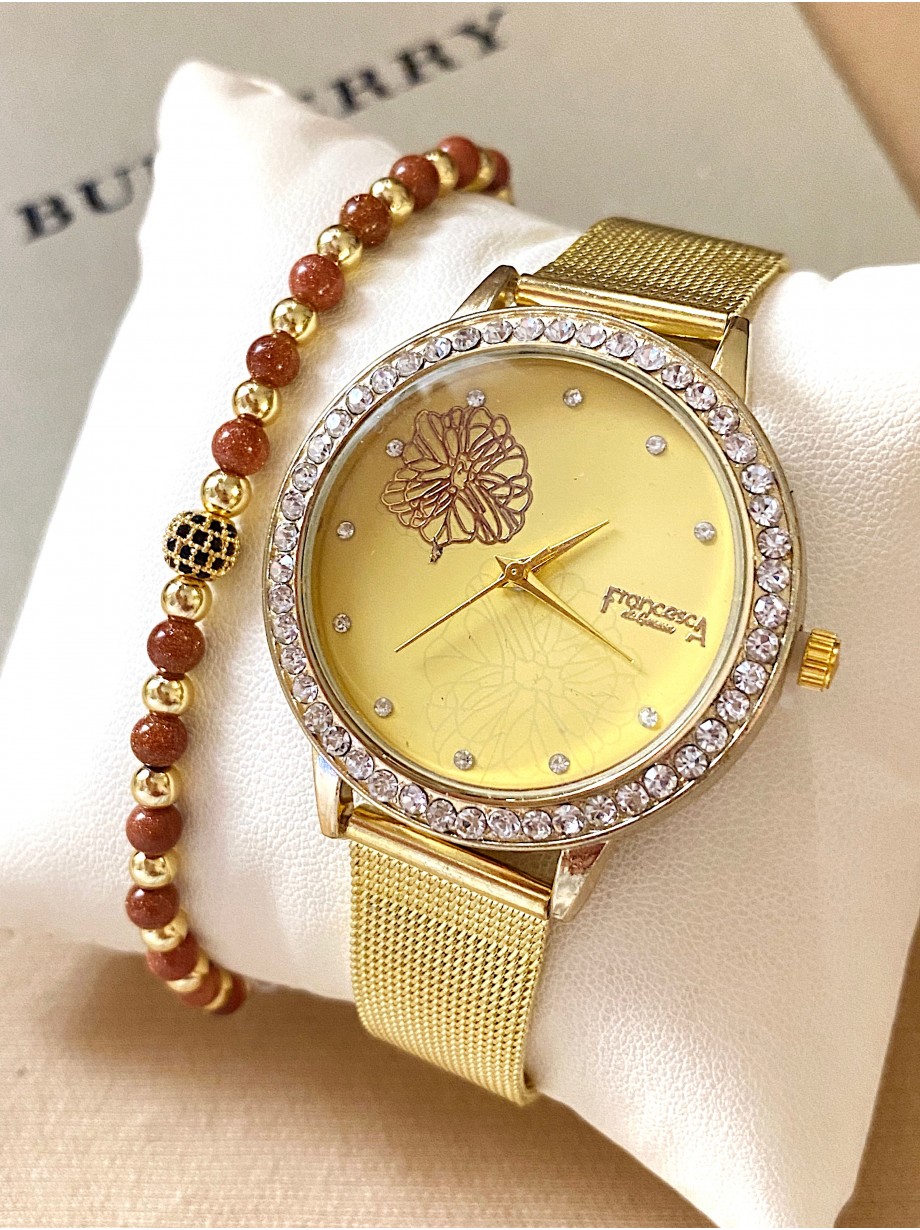 Ceas dama auriu cu bratara metalica si cadran cu floare