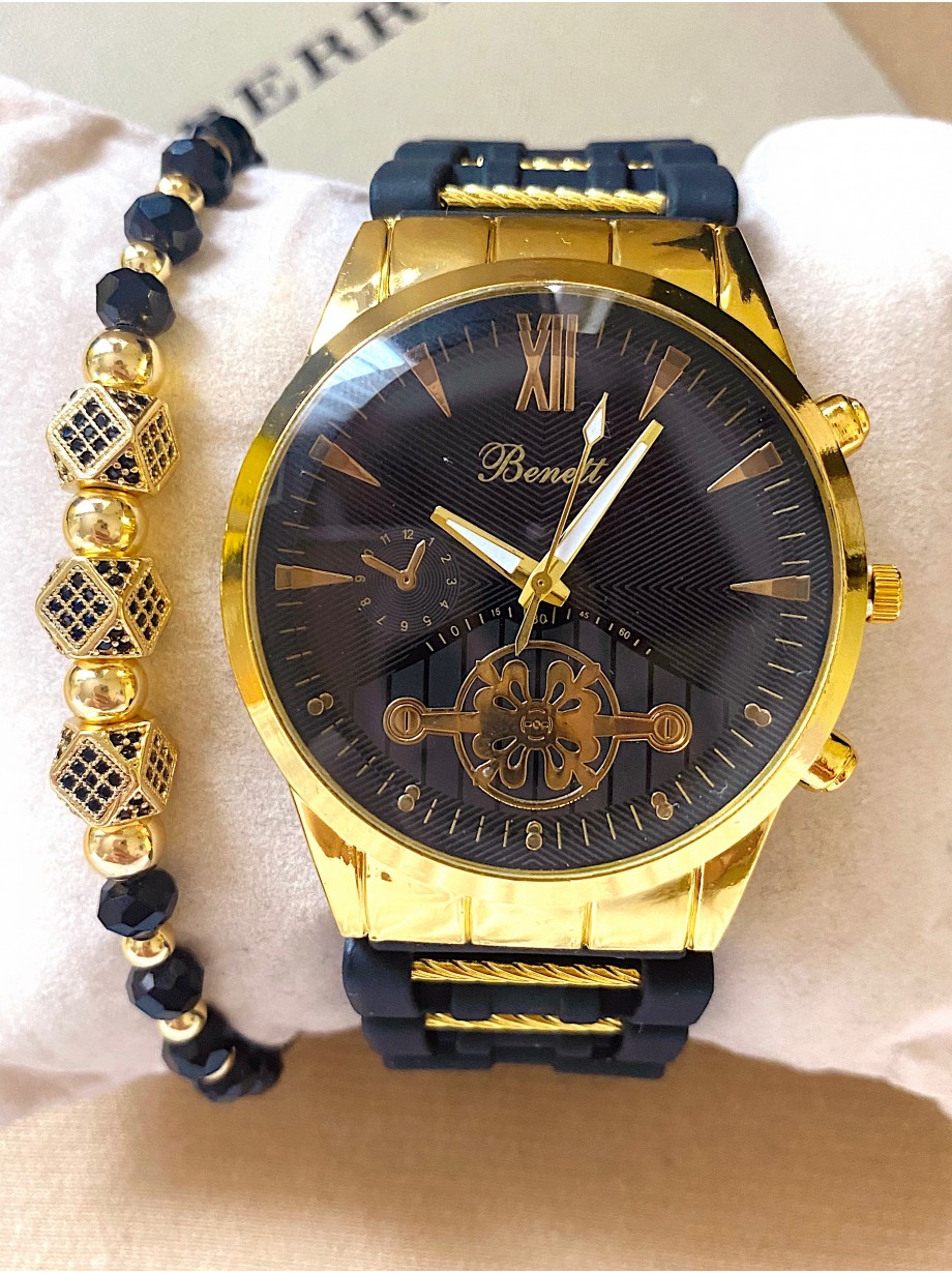 Ceas barbat negru cu bratara din piele ecologica si cadran cu auriu