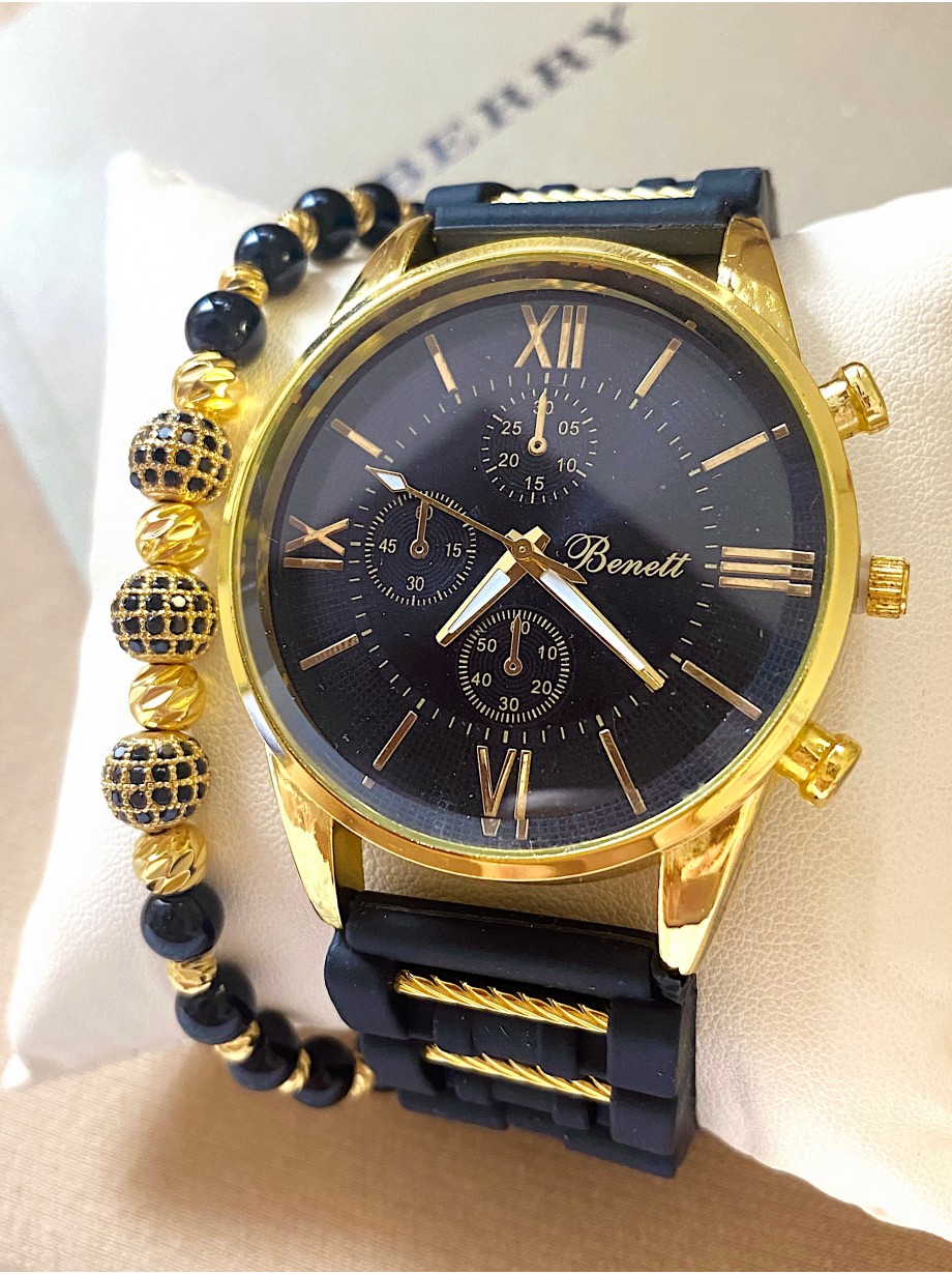 Ceas barbat negru cu bratara din piele ecologica si cadran cu auriu