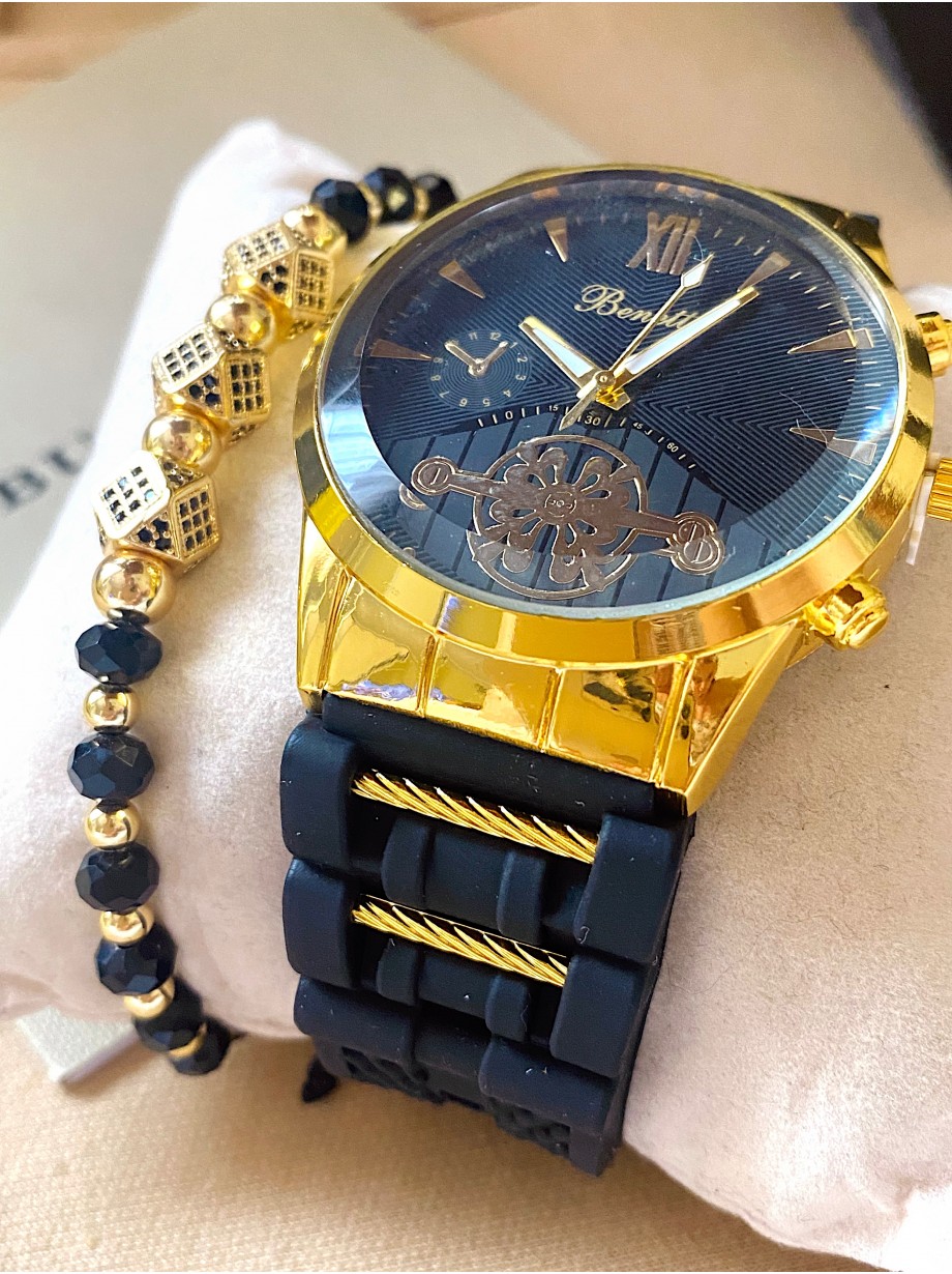 Ceas barbat negru cu bratara din piele ecologica si cadran cu auriu