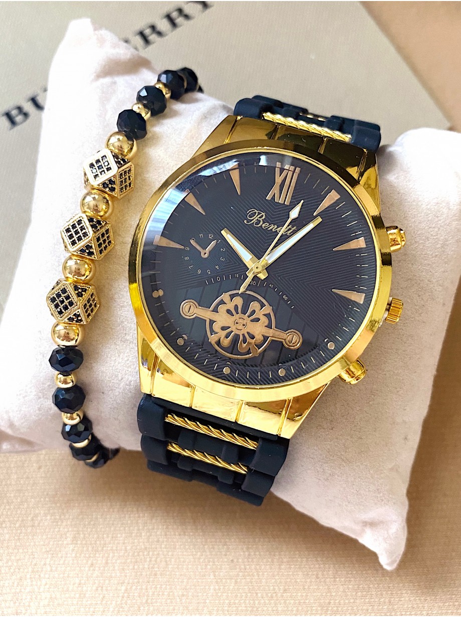 Ceas barbat negru cu bratara din piele ecologica si cadran cu auriu