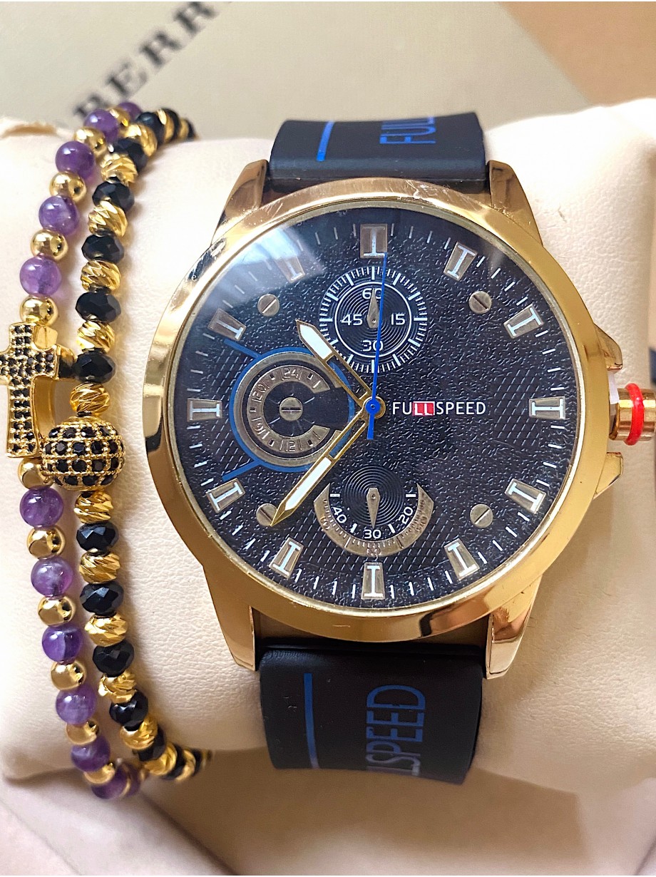 Ceas barbat negru cu bratara din piele ecologica si cadran cu auriu