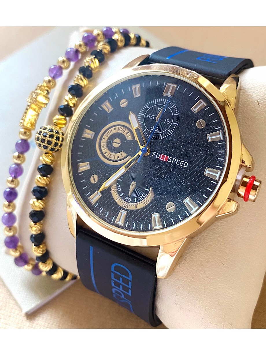 Ceas barbat negru cu bratara din piele ecologica si cadran cu auriu