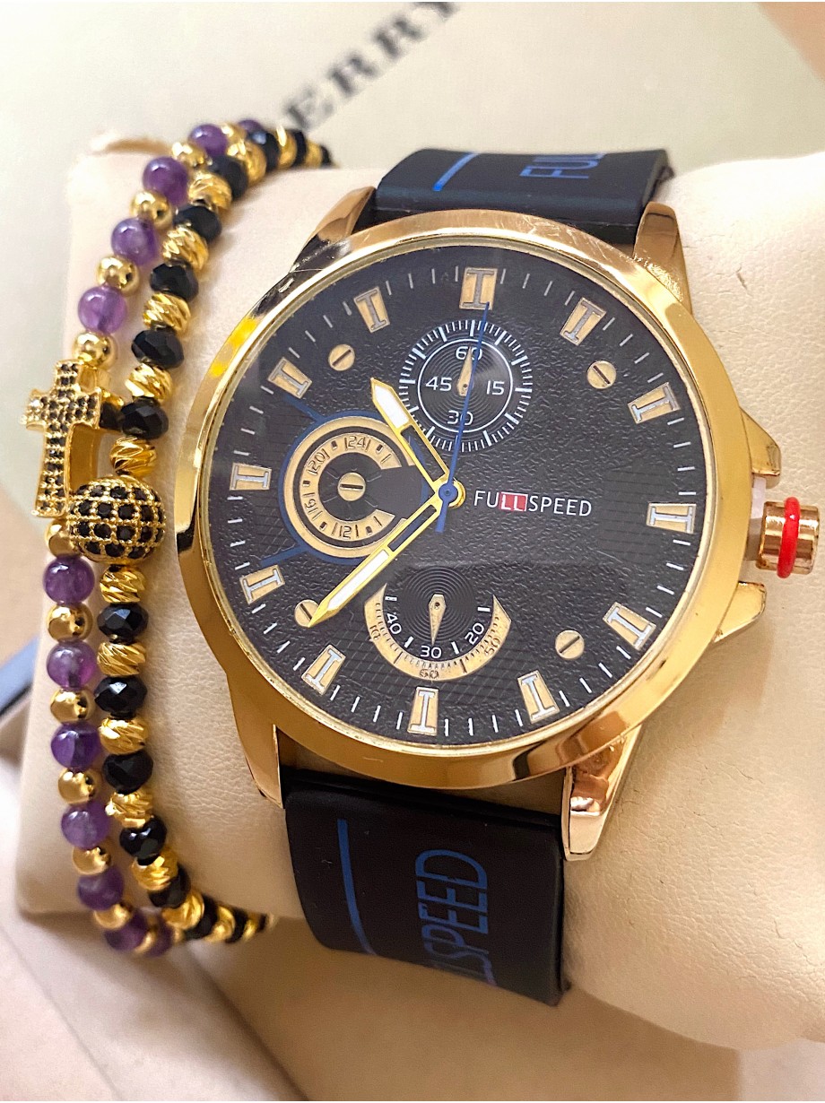 Ceas barbat negru cu bratara din piele ecologica si cadran cu auriu