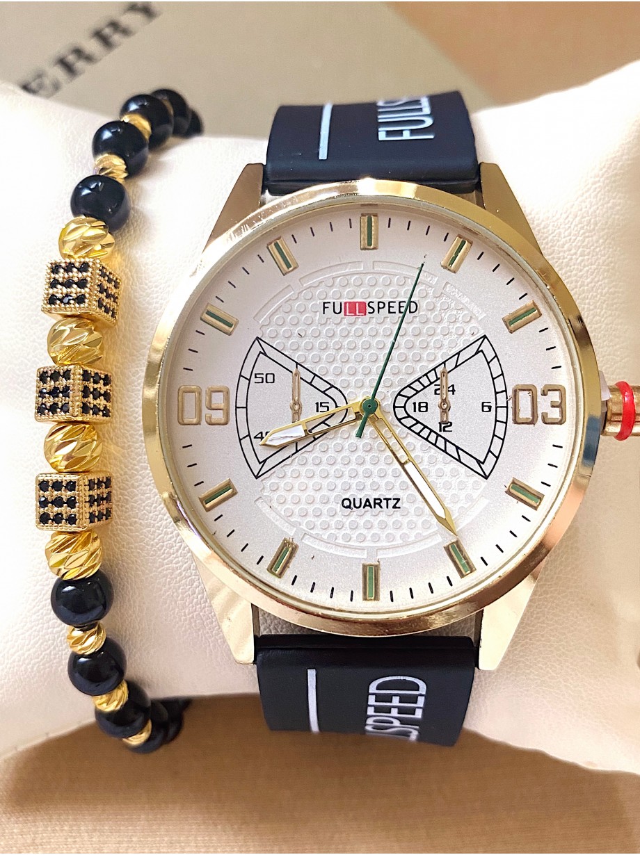 Ceas barbat negru cu bratara din piele ecologica si cadran alb