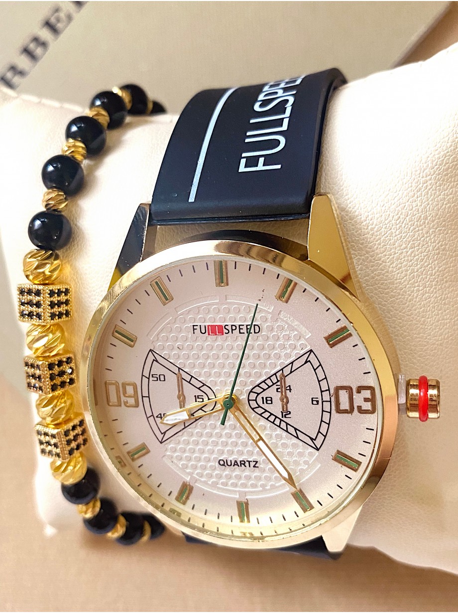 Ceas barbat negru cu bratara din piele ecologica si cadran alb