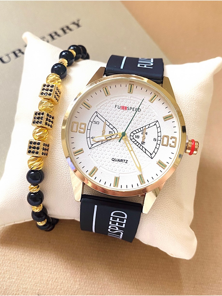 Ceas barbat negru cu bratara din piele ecologica si cadran alb