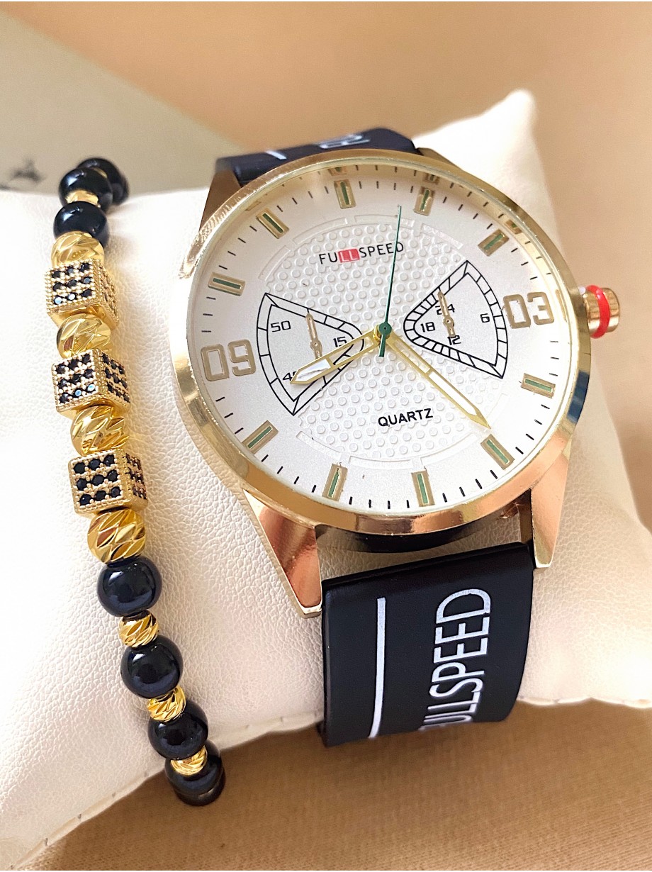 Ceas barbat negru cu bratara din piele ecologica si cadran alb