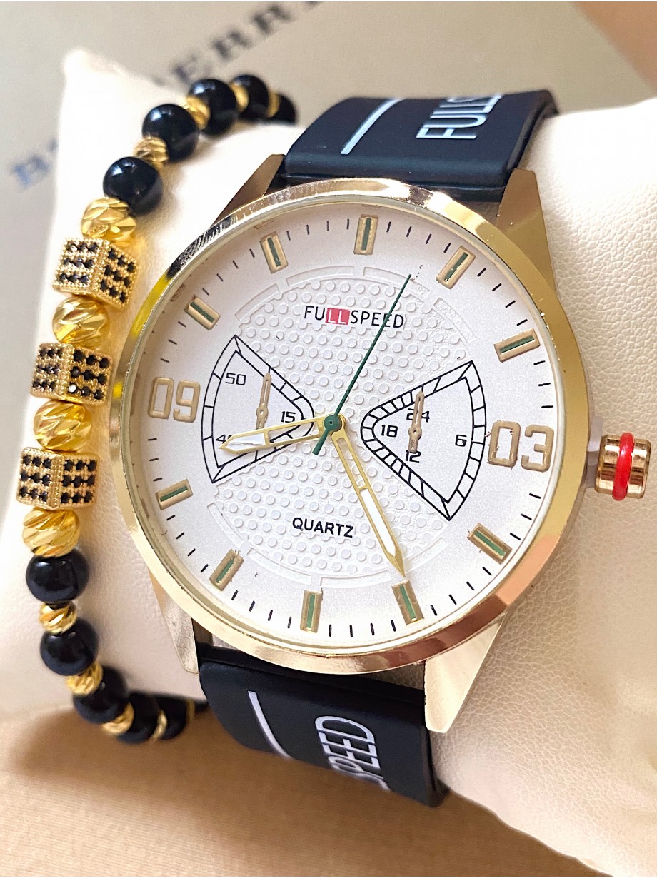 Ceas barbat negru cu bratara din piele ecologica si cadran alb