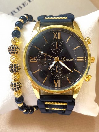 Ceas barbat negru cu bratara din piele ecologica si cadran cu galben