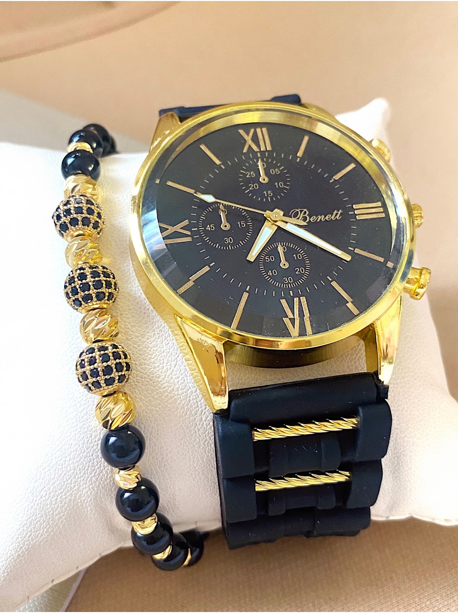 Ceas barbat negru cu bratara din piele ecologica si cadran cu galben