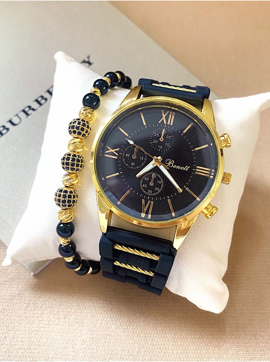 Ceas barbat negru cu bratara din piele ecologica si cadran cu galben