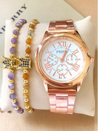 Ceas dama roze cu bratara metalica si cadran cu cifre romane