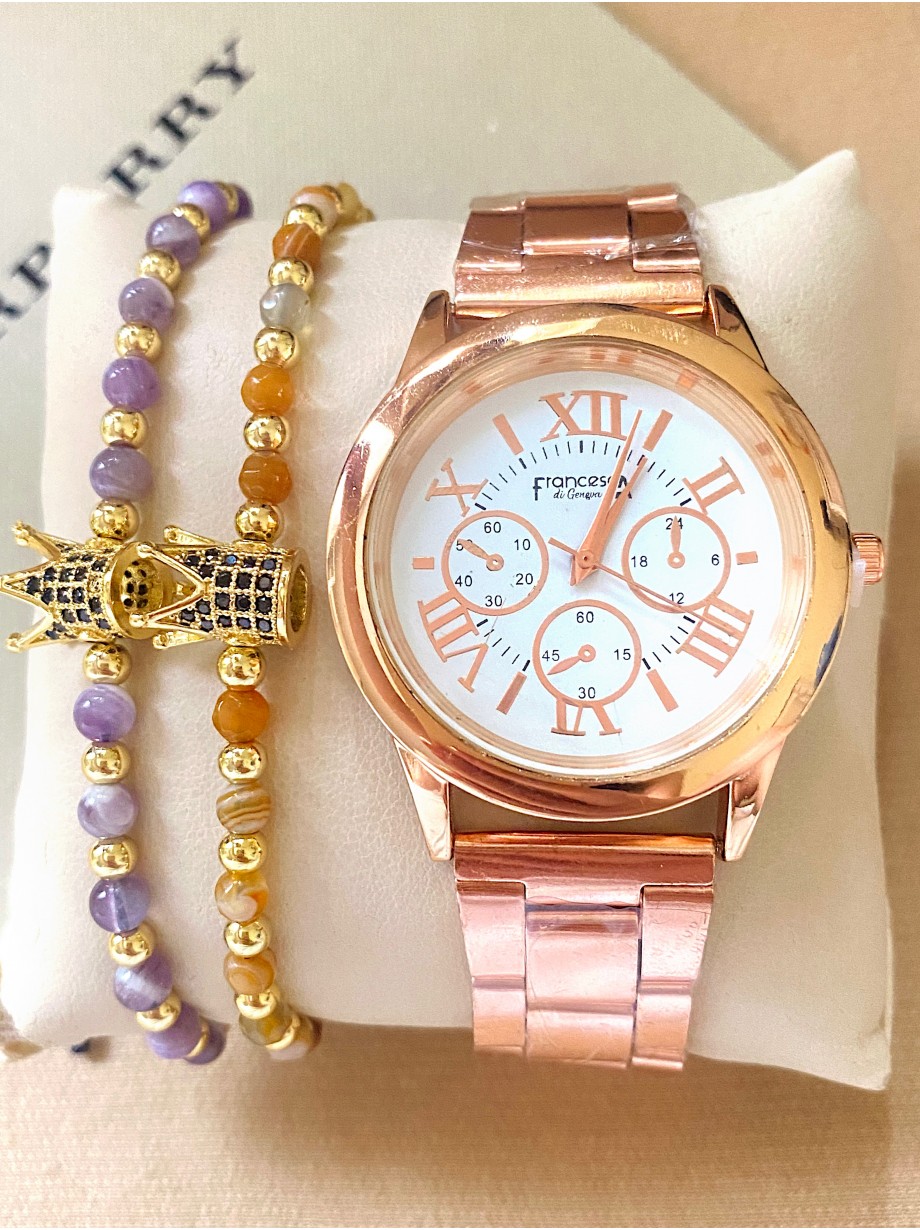 Ceas dama roze cu bratara metalica si cadran cu cifre romane