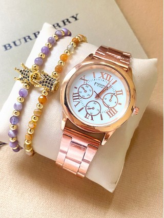 Ceas dama roze cu bratara metalica si cadran cu cifre romane