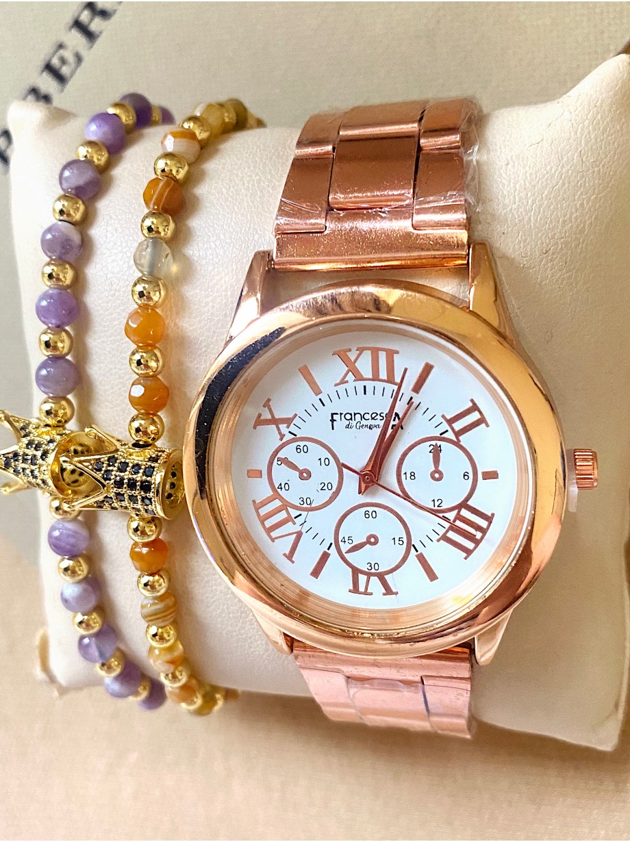 Ceas dama roze cu bratara metalica si cadran cu cifre romane