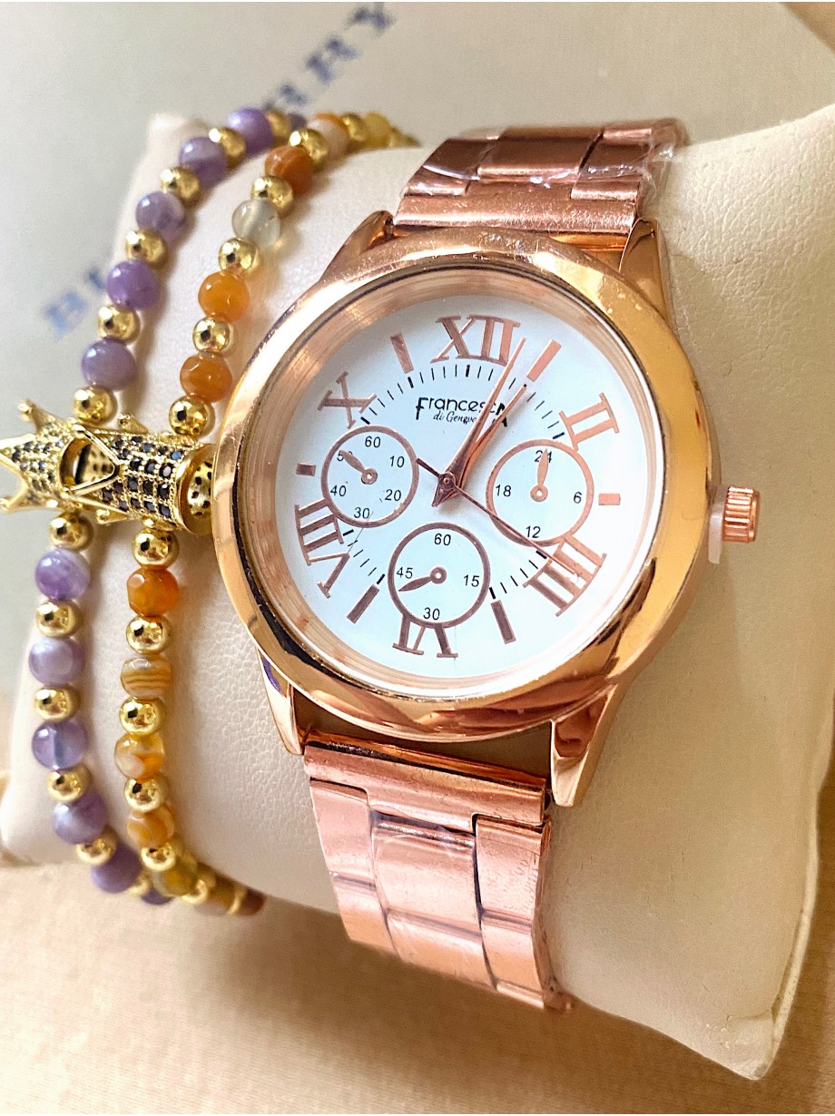 Ceas dama roze cu bratara metalica si cadran cu cifre romane