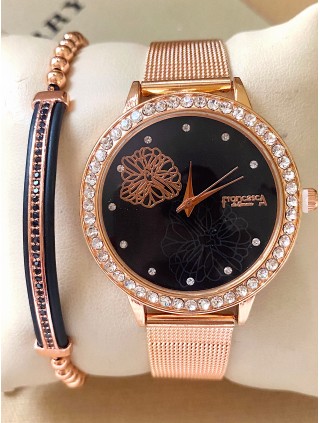 Ceas dama roze cu bratara metalica si cadran negru cu floare
