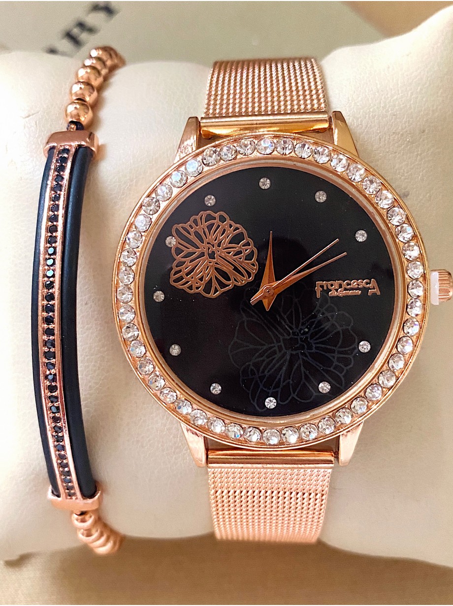 Ceas dama roze cu bratara metalica si cadran negru cu floare